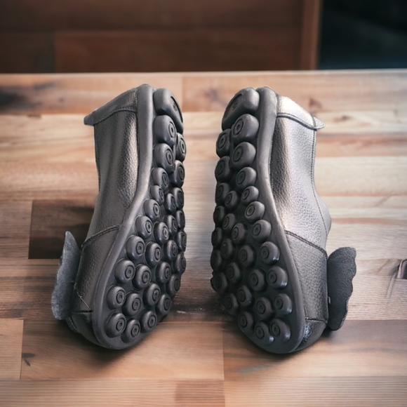 EURO HAND STITCHED Black Leather Flats 9.5 10 Floral Bubble Loafers Lagenlook - Picture 11 of 16